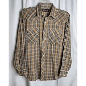 Vtg Hi Gear Pearl Snap Western Shirt Mens L Brown Plaid 1970s 80s Cowboy Country